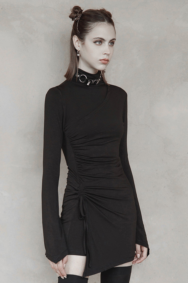 Black Cashmere Knitting Cross Fold Tie Rope Design High Collar Pleated Fit Women's Punk Dress - Product - 2