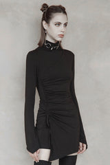 Black Cashmere Knitting Cross Fold Tie Rope Design High Collar Pleated Fit Women's Punk Dress - Product - 2