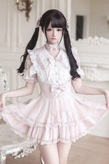 White/Pink [Dreamy Love Ballad] Lapel Collar Short Sleeves Double-Layered Ruffled Cut-Out Bow Gothic Japanese Jirai Kei Skirt Set - Product - 4