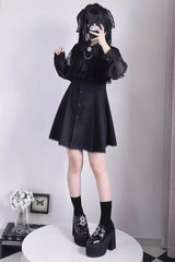 Black Shawl Lace Chiffon Long Sleeves Lace Slim Jirai Kei Dress - Product - 3