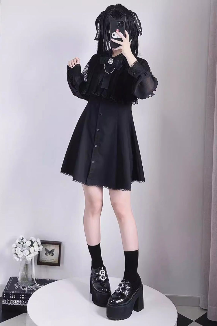 Black Shawl Lace Chiffon Long Sleeves Lace Slim Jirai Kei Dress - Product - 3