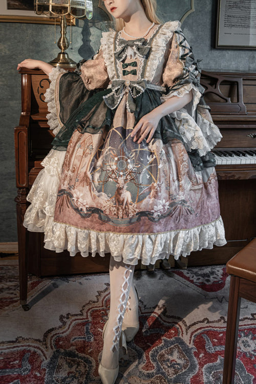 Multi-Color Retro Hime Sleeves Sacred Deer Print Classic Lolita OP Dress - Multi-Color - 1
