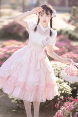 Pink Round Collar Short Sleeves Lace Ruffle Bowknot Sweet Princess Lolita Dress - Product - 2