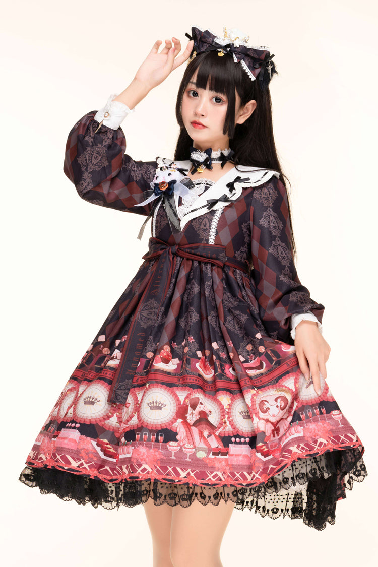 Black [Afternoon Fantasia] Long Sleeves Print Ruffle Bowknot Sweet Lolita Jsk Dress - Product - 4