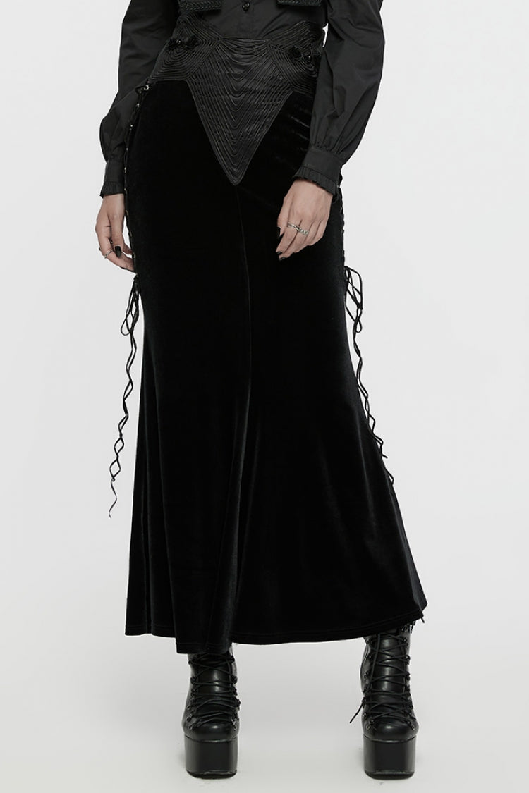 Black Ruffle Rose Embroidery Lace-Up Women's Gothic Fishtailed Skirt - Product - 2