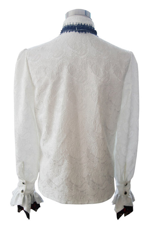 White Shining Rose Print Lace Cuff Mens Gothic Blouse - Product - 6
