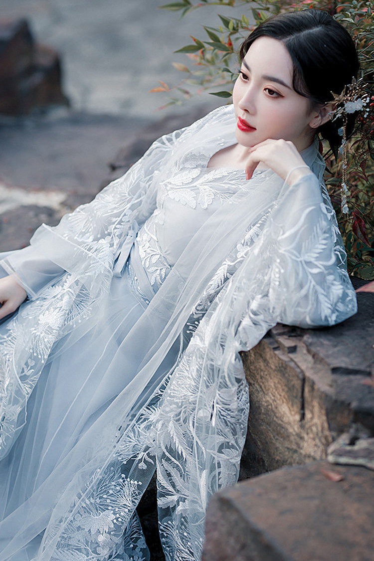 Fairy-Like Ancient Chinese Inspired Long Sleeves Embroidered Casual Hanfu Dress Set 3 Colors - Product - 11
