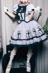 Grey Halloween Cross Short Puff Sleeves Two Pieces Gothic Lolita Dress - Grey - 1