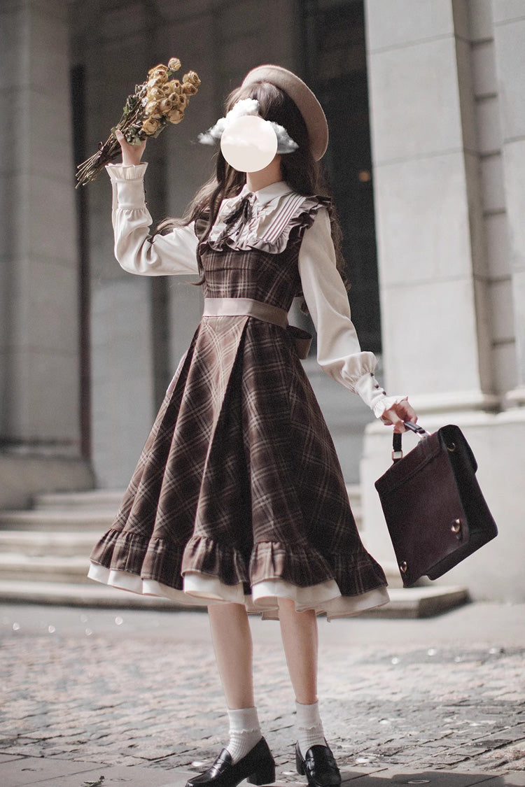 Brown [The Thames at Dusk] Print Long Sleeves Ruffle Fake Two Pieces Vintage College Style Lolita Dress - Product - 8