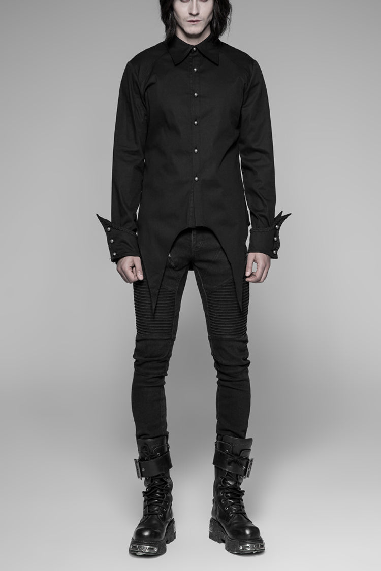 Black Long Sleeve Front Metal Pattern Buckle Sharp Corner Hem Men's Gothic Shirt - Black - 1