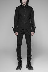 Black Long Sleeve Front Metal Pattern Buckle Sharp Corner Hem Men's Gothic Shirt - Black - 1