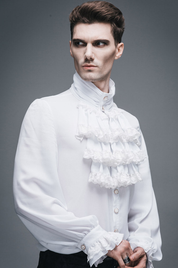 White Ruffled Lace Button-Up Micro-bullet Chiffon Long Sleeve Men's Gothic Shirt - Product - 5