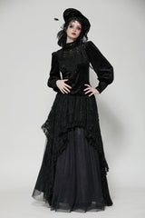 Black Ruffled Turtleneck Bishop Long Sleeves Floral Lace Patchwork Velvet Women's Gothic Blouse - Product - 9