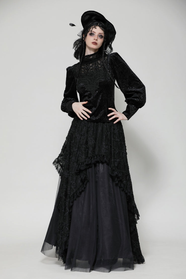 Black Ruffled Turtleneck Bishop Long Sleeves Floral Lace Patchwork Velvet Women's Gothic Blouse - Product - 9