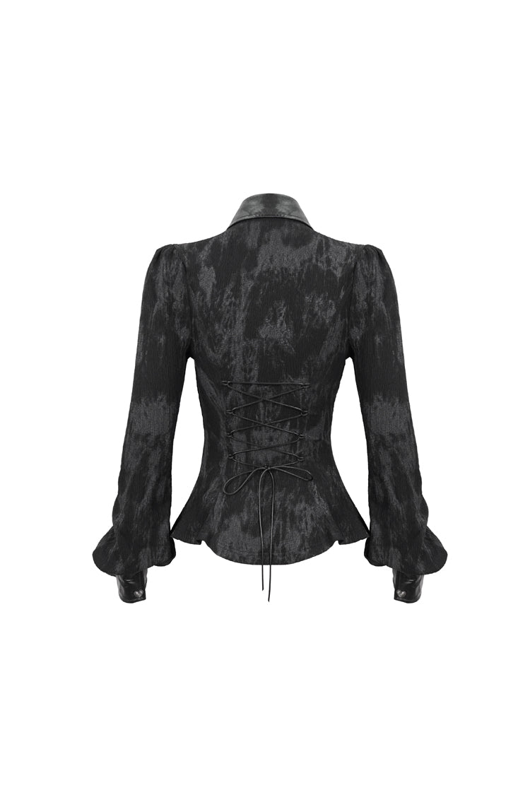 Black Leather lapel Heart Cutout Puff Sleeved Women's Gothic Shirt - Product - 6