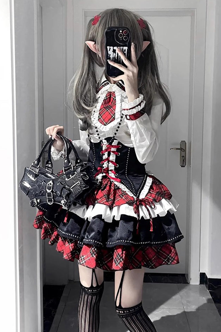 Red/White/Black Multi-layer Ruffle Opera Rock Girl Gothic Lolita Strap Dress Set - Red/White/Black - 1
