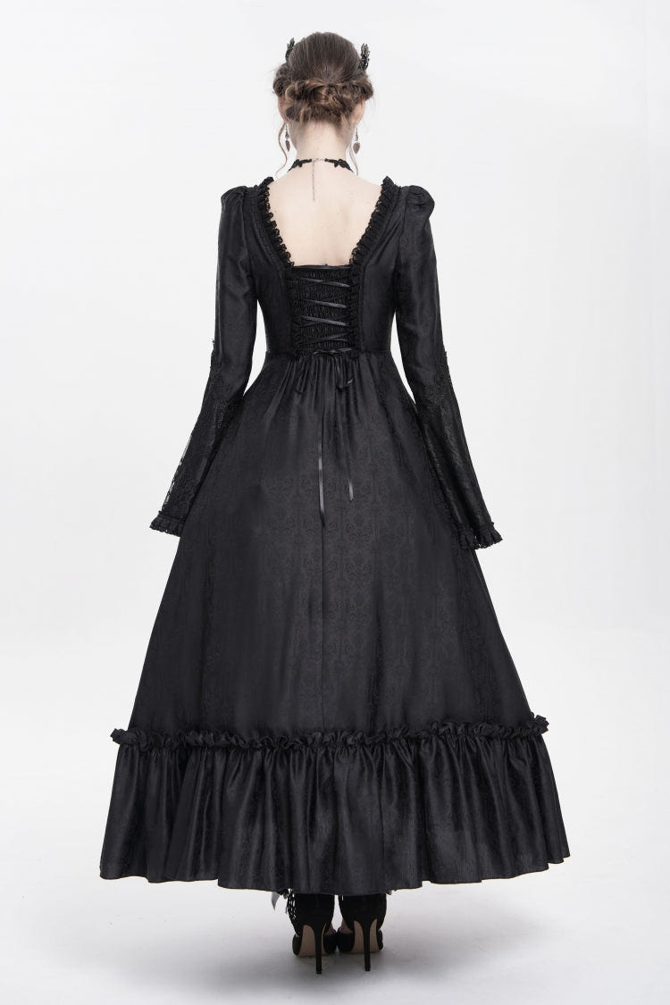 Black Long Sleeves Floral Embroidery Lace-Up Pleated Women's Gothic Dress - Product - 3