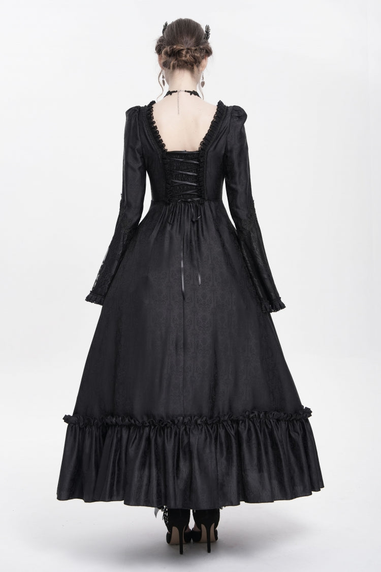 Black Long Sleeves Floral Embroidery Lace-Up Pleated Women's Gothic Dress - Product - 3