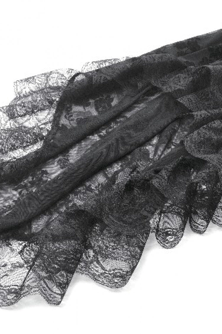 Black Square Collar Long Trumpet Sleeves Mesh Embroidered Lace Lace-Up Women's Gothic Dress - Product - 17