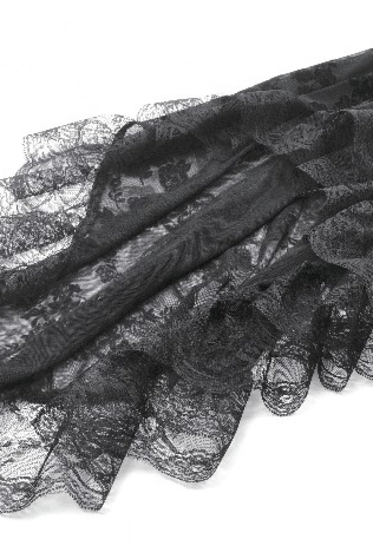 Black Square Collar Long Trumpet Sleeves Mesh Embroidered Lace Lace-Up Women's Gothic Dress - Product - 17