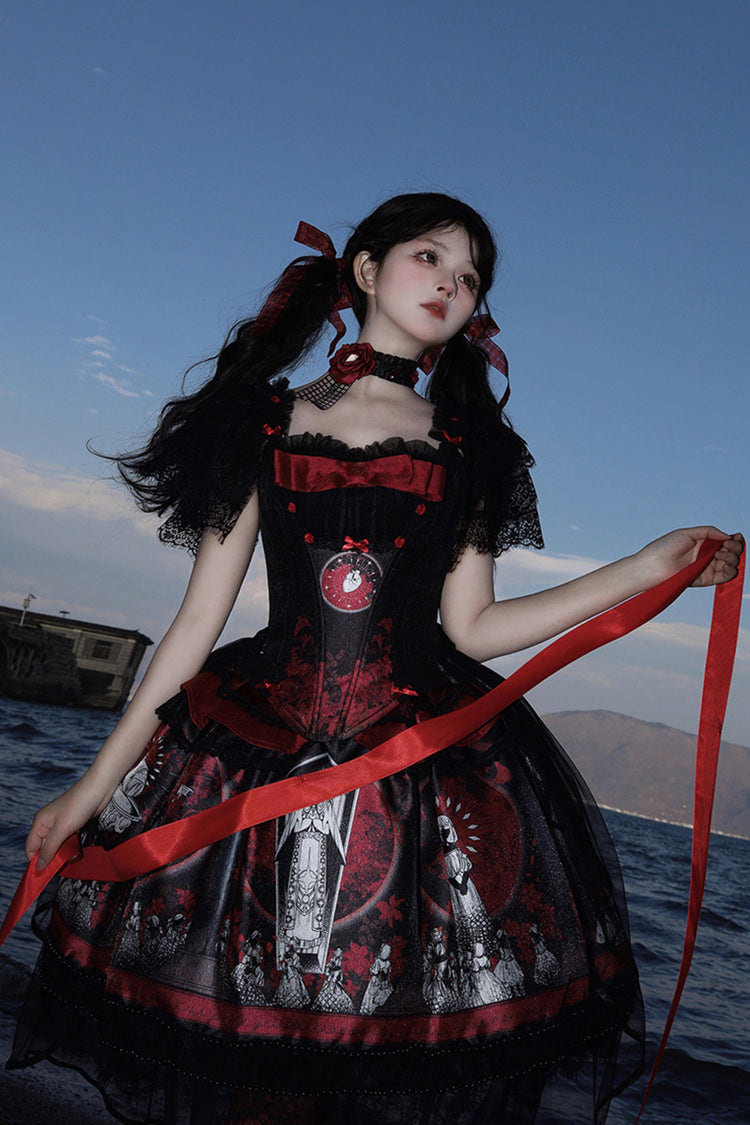 Red [Dark Moon Corridor] Print Embroidery Gothic Lolita Dress Skirt - Product - 2