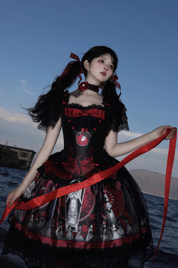 Red [Dark Moon Corridor] Print Embroidery Gothic Lolita Dress Skirt - Product - 2