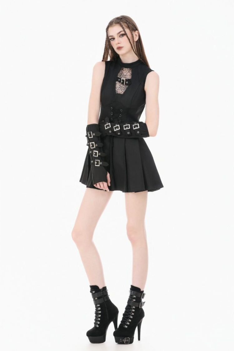Black Sleeveless Cut-Out Cobweb Sheer Mesh Lace-Up Women's Punk Mini Dress - Product - 8
