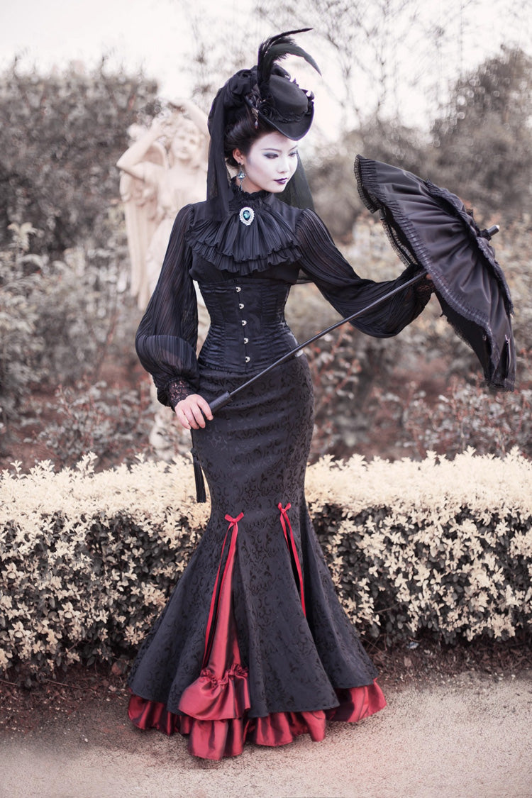 Black/Red [Lorelei] Double-Layered Print Ruffle Gothic Elegant Lolita Jacquard Mermaid Maxi Skirt - Black/Red - 1