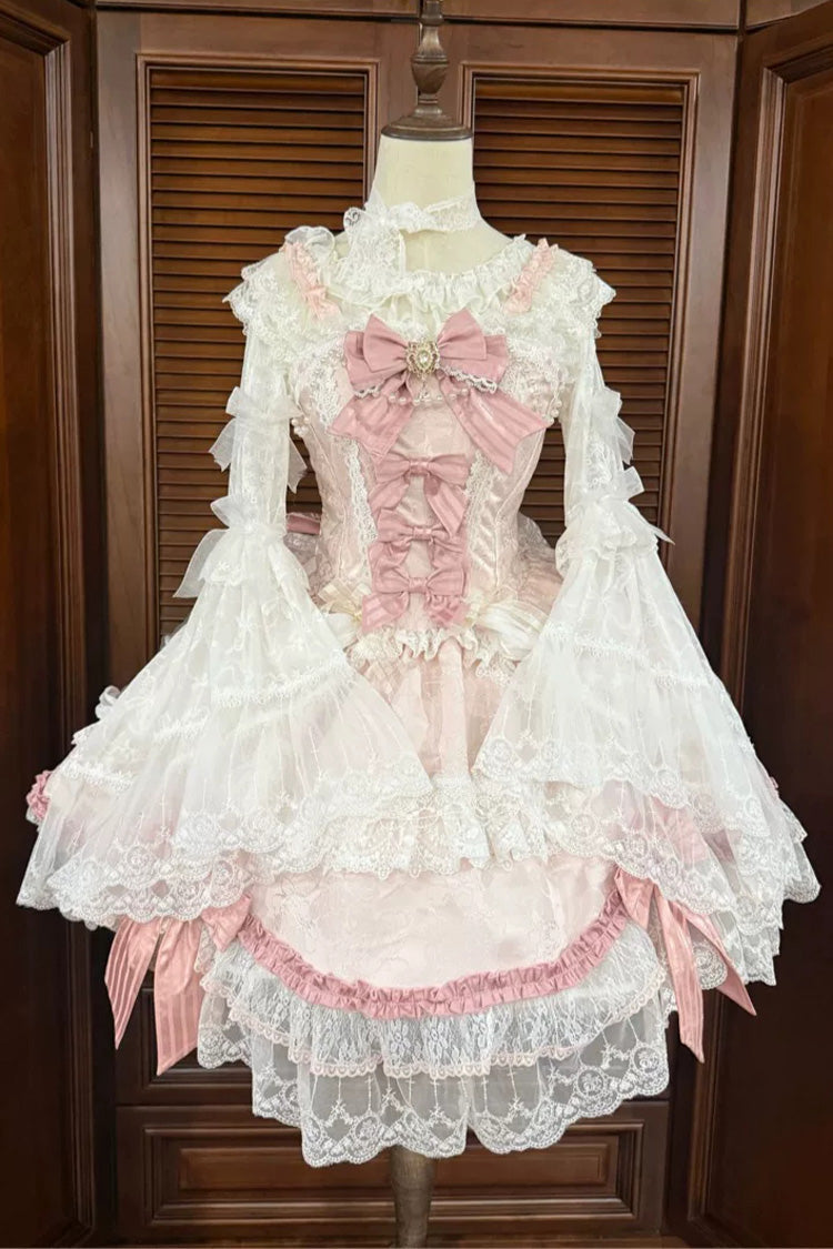 ピンク [Prelude of Ribbons] スクエアカラー ノースリーブ ジャカードフリル 前開きリボンレース パールディテール 花柄 大きめサイズ スウィートロリータ ジャンパースカート（JSK） 商品画像