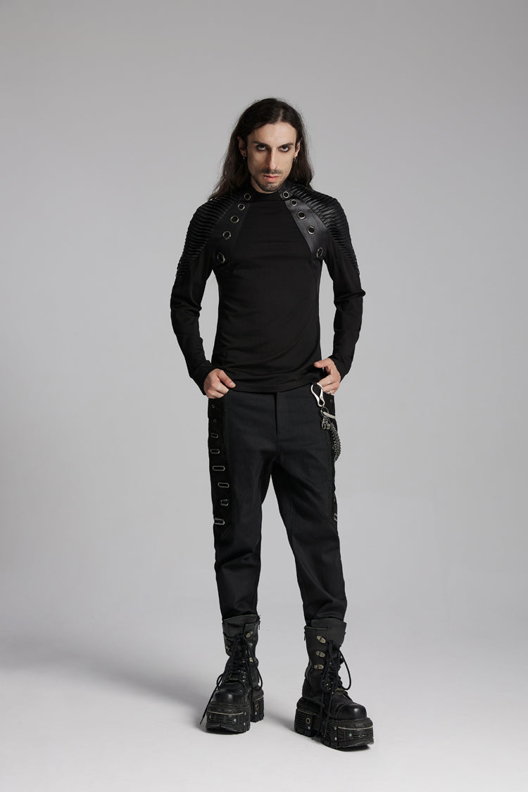 Black Round Collar Long Sleeves Mesh Pleated Loop Men's Punk Blouse - Product - 4