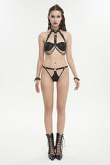 Black Detachable Hanging Neck Vertical Grain Texture Women's Punk Fun Suit - Product - 3