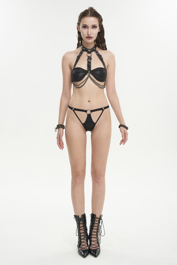 Black Detachable Hanging Neck Vertical Grain Texture Women's Punk Fun Suit - Product - 3