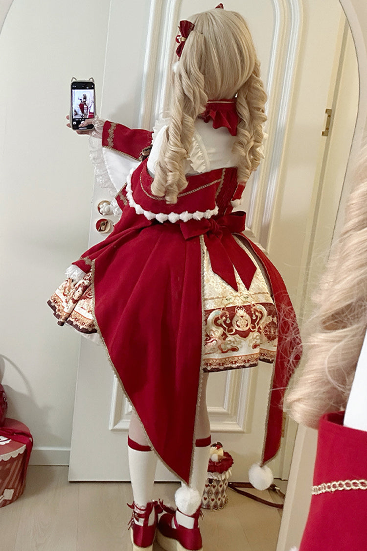 Red [New Year] Print Ruffle Bowknot Lace-Up Sweet Chinese Style Lolita Jsk Dress - Product - 6
