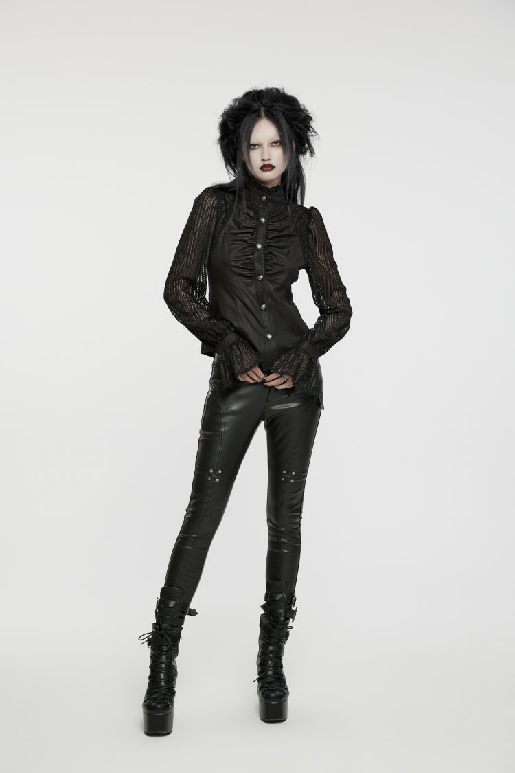 Black Stand Collar Stitching Mesh Women's Punk Blouse - Product - 8
