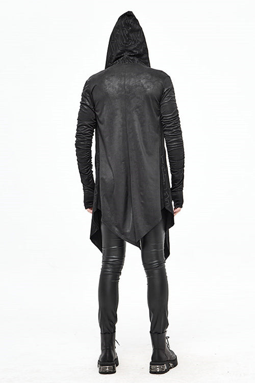 Black Hooded Wrinkled Sleeves Circuit Diagram Print Knit Long Mens Punk Coat - Product - 3