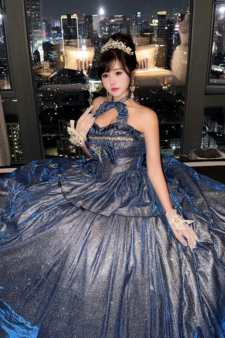Blue [Paris-Inspired] Sleeveless Glitter Series Ruffled Cut-Out Bow Sweet Lolita Skirt Set - Product - 5