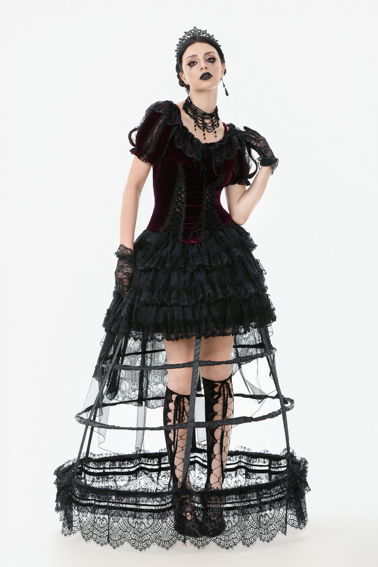 Black Ruffled Doll Collar Short Puff Sleeves Lace-Up Women's Gothic Princess Velvet Cape - Product - 10