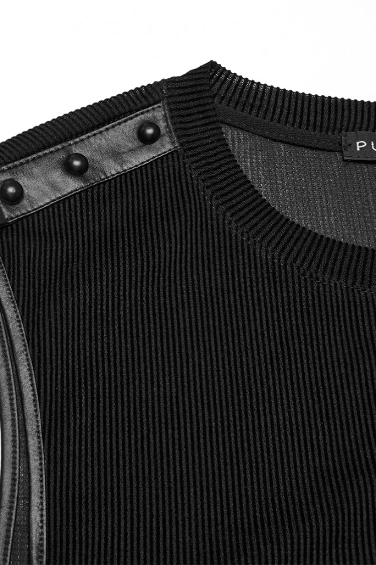 Black Round Collar Sheer Mesh Color Matching Rivet Men's Punk Vest - Product - 5