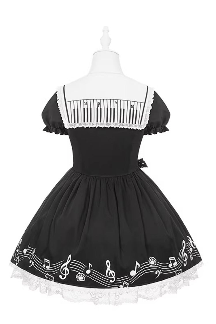 Black [Melody Kitty] Doll Collar Short Sleeves Ruffled Embroidered Bow Lace Sweet Lolita Dress - Product - 12