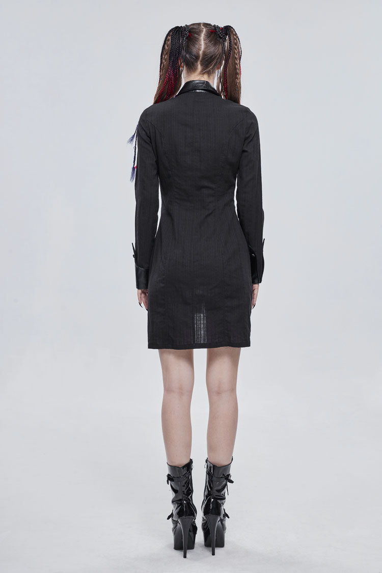 Black Vertical Suture Texture Leather Metal Buckle Design Decoration Long Women's Punk Shirt - Product - 6