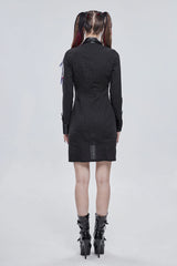 Black Vertical Suture Texture Leather Metal Buckle Design Decoration Long Women's Punk Shirt - Product - 6