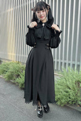 Black Stand Collar Off Shoulder Long Sleeves Hollow Bowknot Slim Jirai Kei Japanese Dress - Product - 2