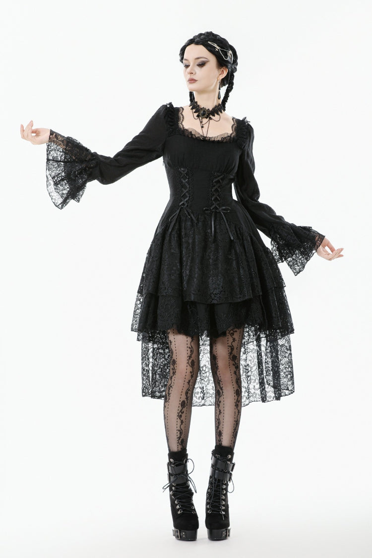 Black Square Collar Long Trumpet Sleeves Lace Lace-Up Multi-Layered High-Low Women's Gothic Dress - Product - 7