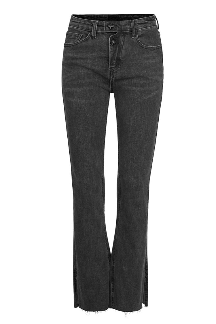 Black Tight Elastic Distressed Denim Asymmetrical Placket Medium Waist Women's Punk Flared Pants - Product - 5