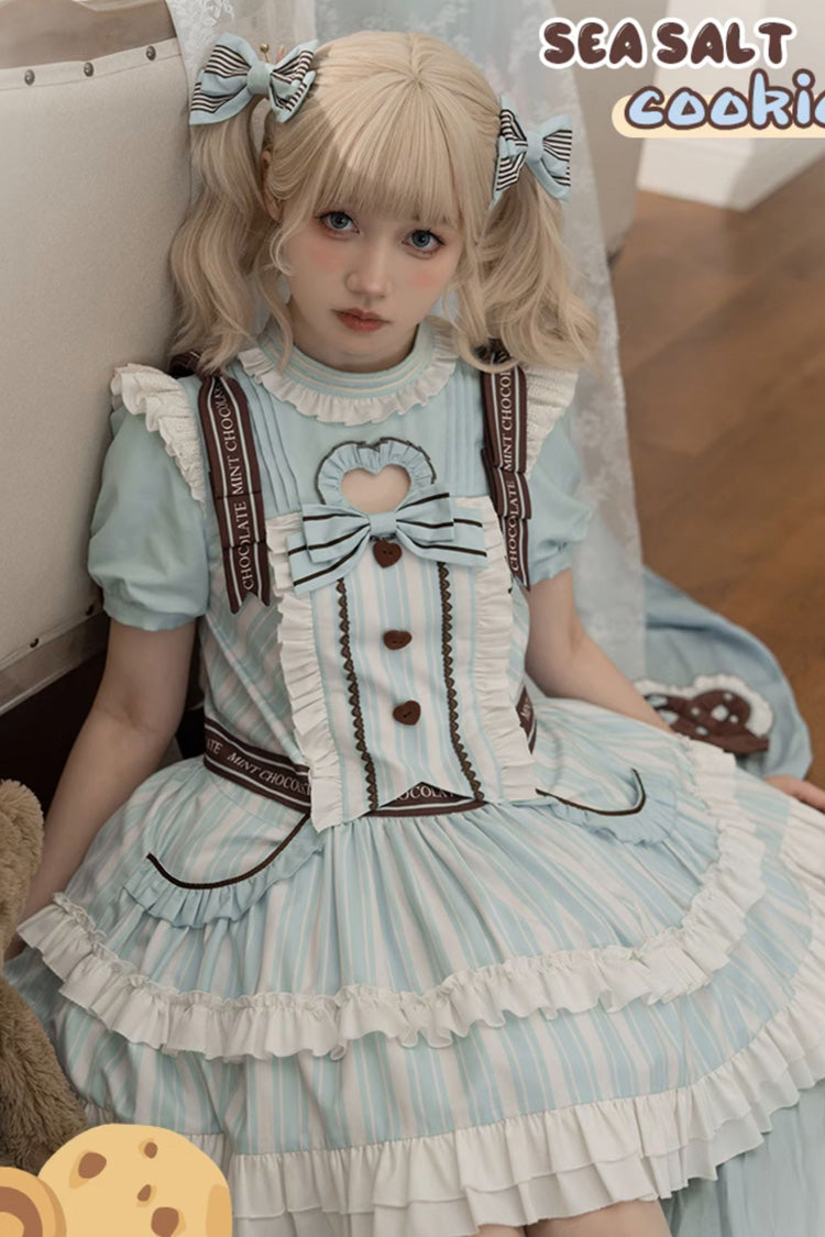 Light Blue Sea Salt Cookies Short Sleeves Print Ruffle Bowknot Sweet Lolita Dress - Product - 3