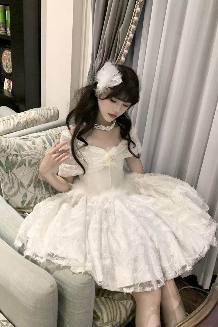 White [Moonlight] Off Shoulder Jacquard Embroidered Bow Gothic Lolita Jsk Short Dress - Product - 7