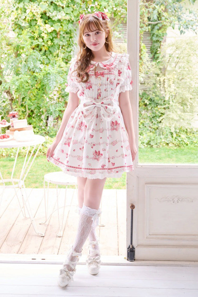 White [Creamy Berry] Print Short Puff Sleeves Ruffle Bowknot Lace-Up Sweet Jirai Kei Japanese Dress - Product - 2