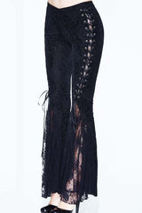 Black Palace Pattern Lace-Up Velveteen Lace Flared Women's Gothic Pants - Product - 7