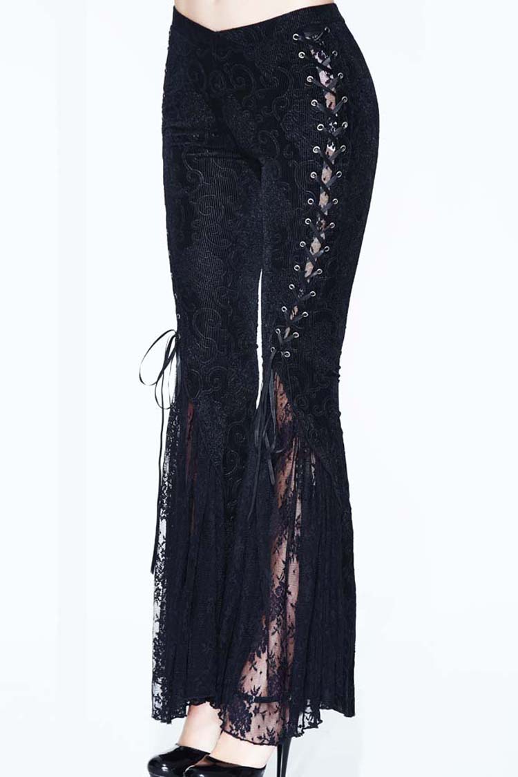 Black Palace Pattern Lace-Up Velveteen Lace Flared Women's Gothic Pants - Product - 7