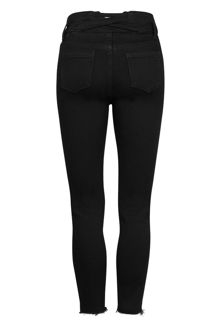 Black Triangular Metal Decorative Sheet Back Crossed Straps Tight Fit Punk Women's Denim Pants - Product - 6